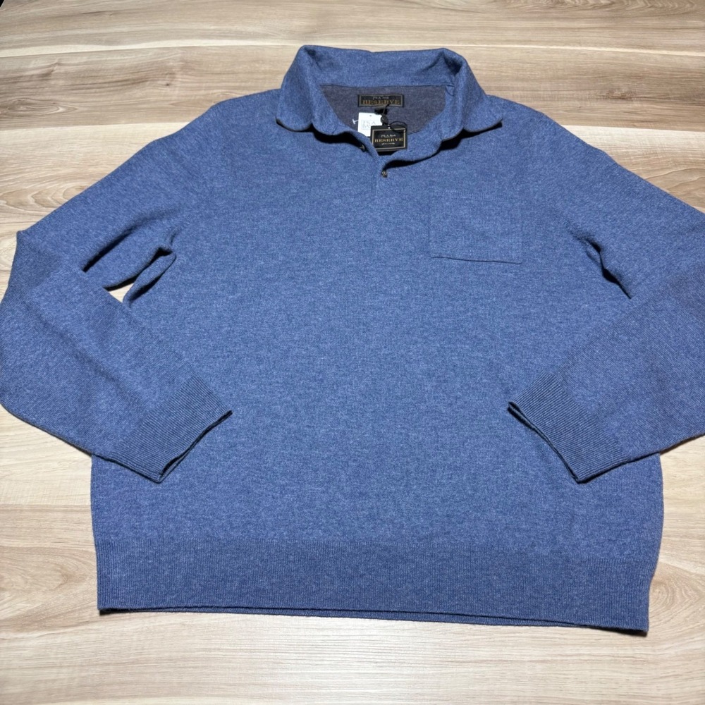 Jos. A. Bank Reserve Sweater Mens XL Blue Wool Blend Polo Collar Pocket J036367